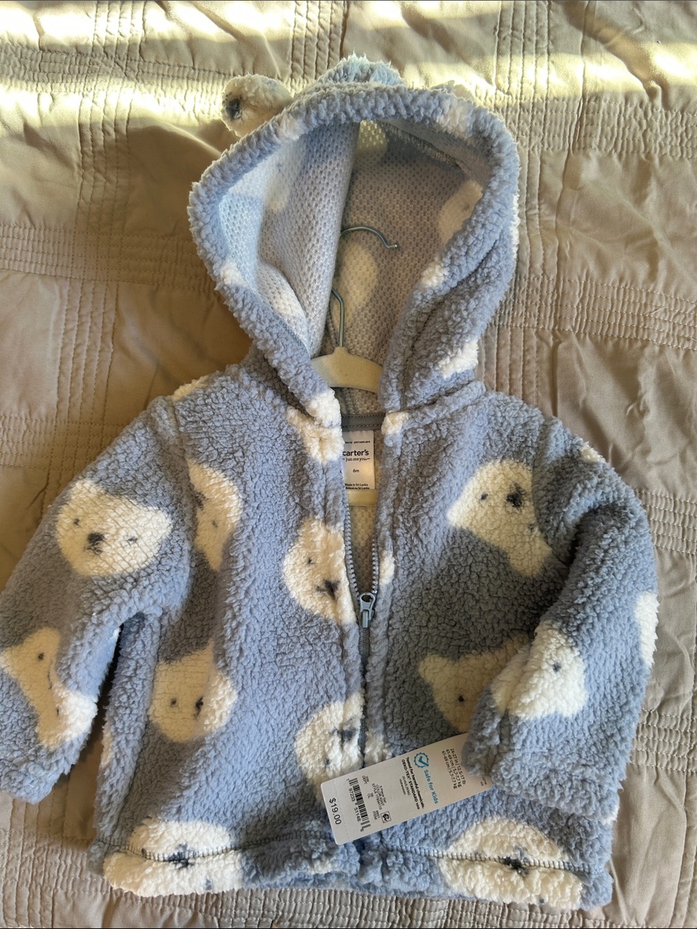 Carter's Light Blue Sherpa Hoodie with Cream Bear Faces